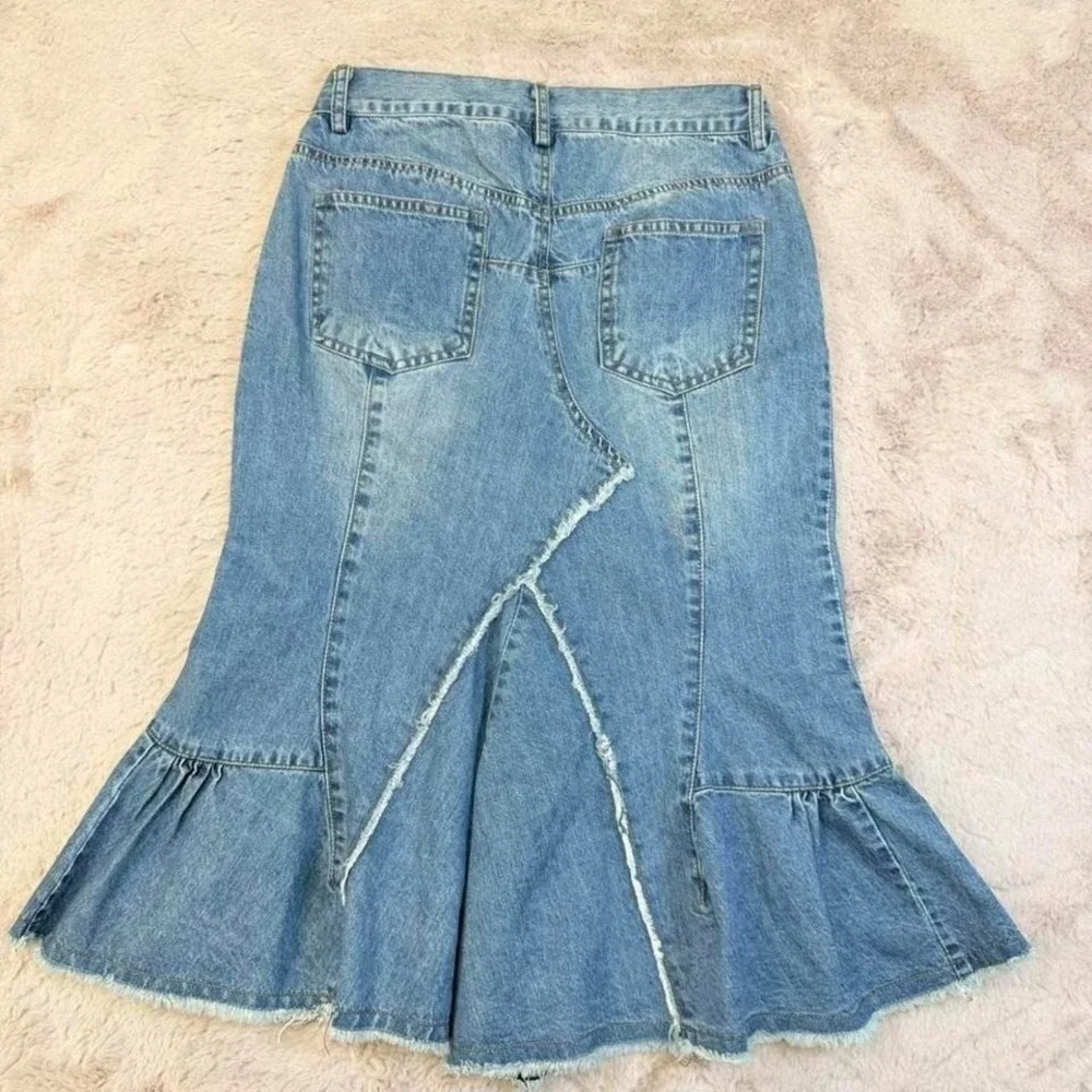 Y2K Denim Mermaid Skirt‎ Raw Hem Deconstructed Low Rise Womens XL